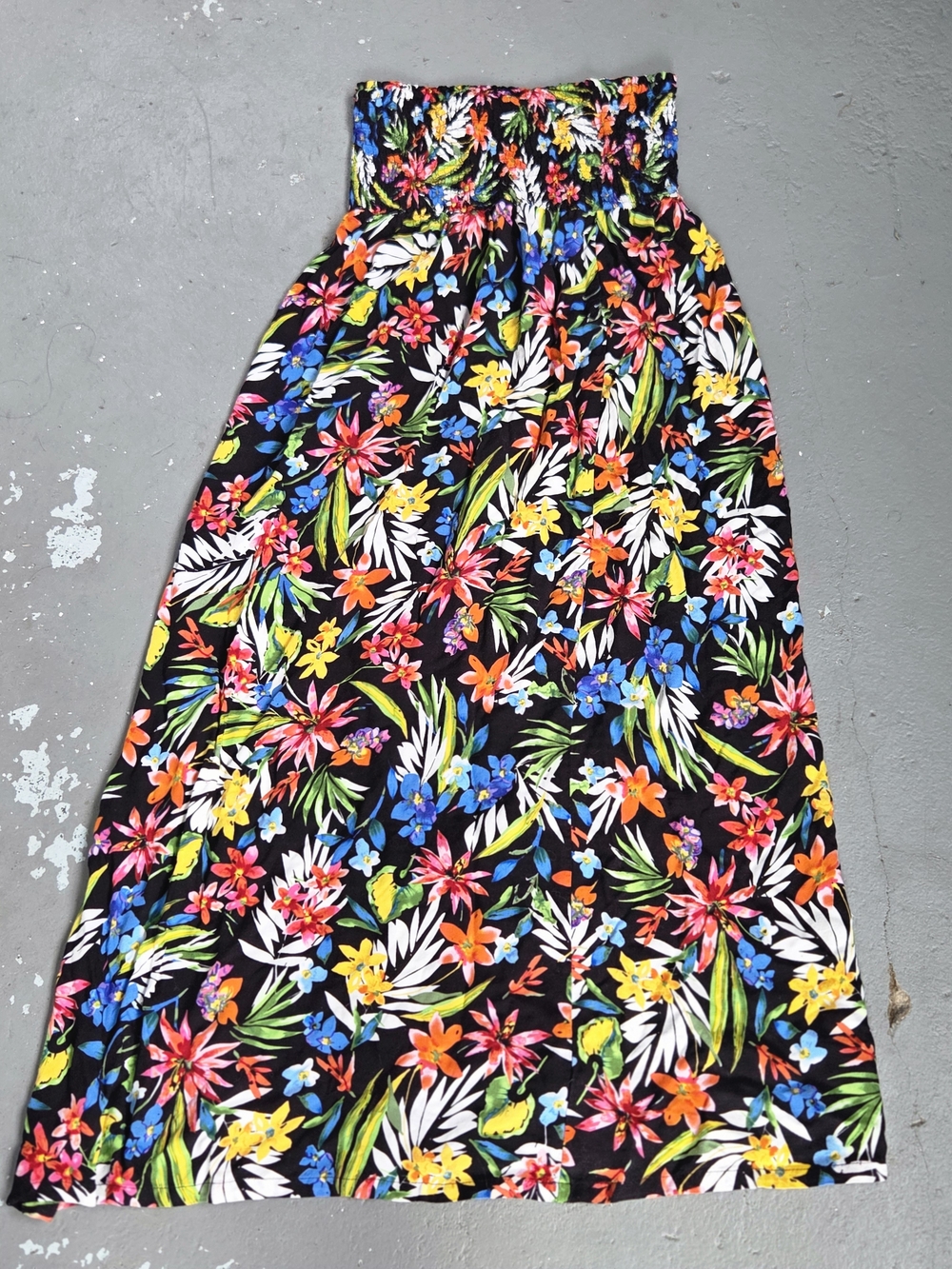 Strapless Floral Smocked Maxi Dress Black Multicolor